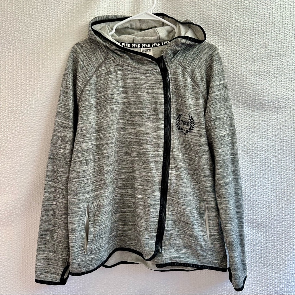 PINK Victoria’s Secret Gray Black Full Zip Hooded Jacket Striped Logo Large